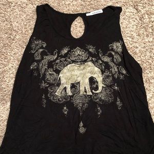 Maurice’s black tank top with elephant design